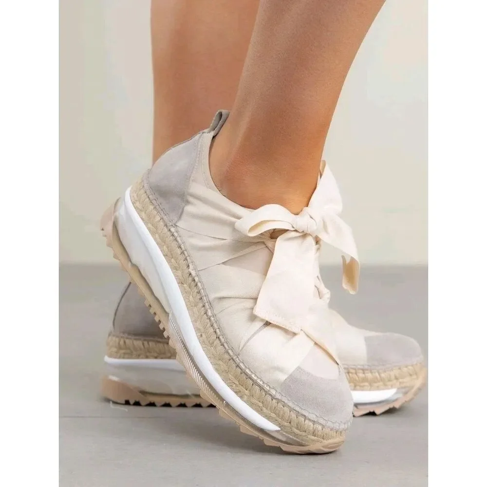 New Free People Chapmin Espadrille Sneaker Ivory Ribbon Lace Platform Shoe Sz 39